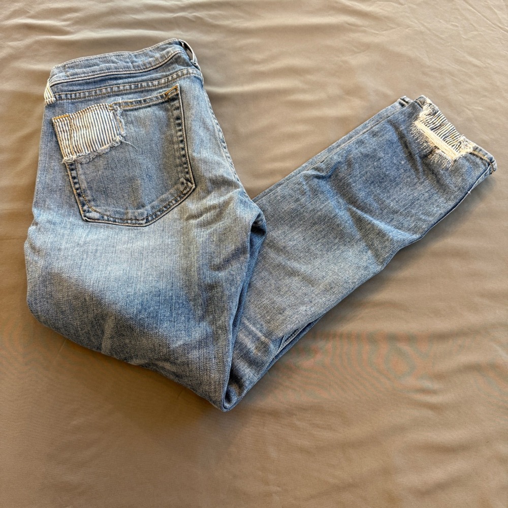 Rag & Bone Tomboy Ludlow Distressed Patchwork Jeans 26 Hickory Stripe Blue